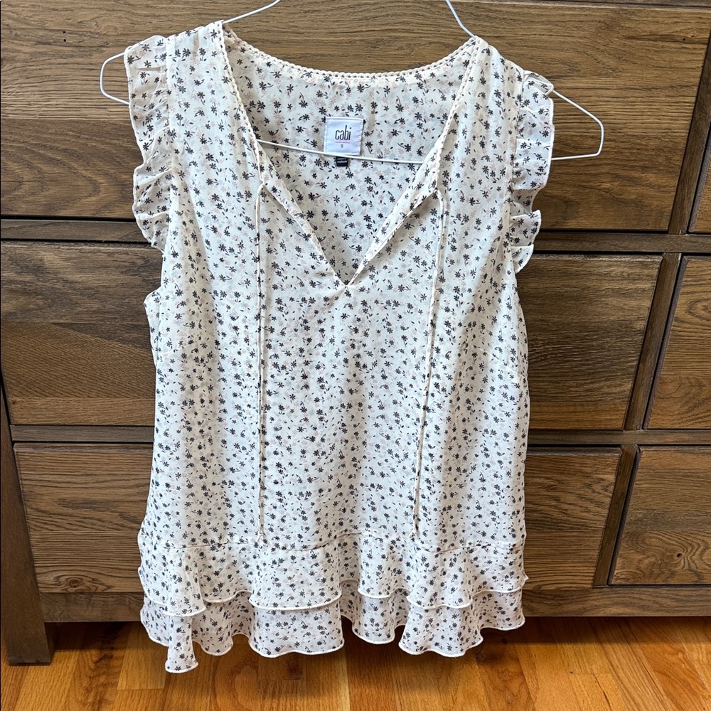 CAbi Cream Floral Ruffle Blouse